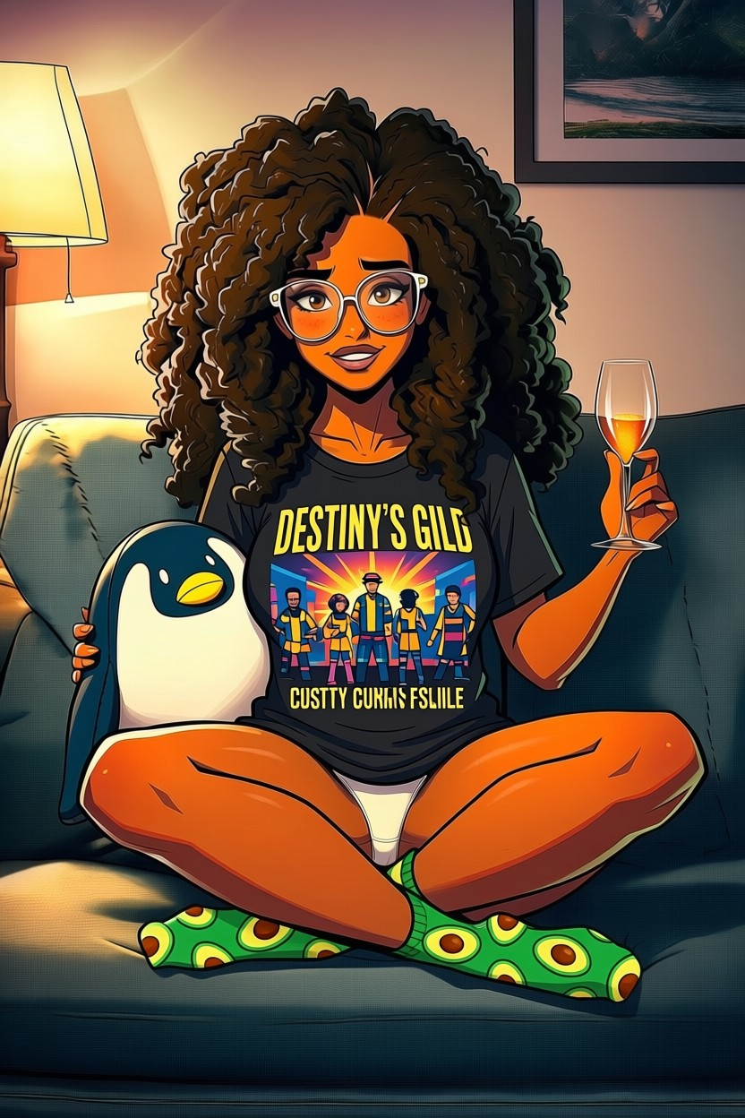 She is wearing an oversized Destiny's Child tour t-shirt with no bra underneath, no pajama pants, avocado socks, and plain white cotton panties.