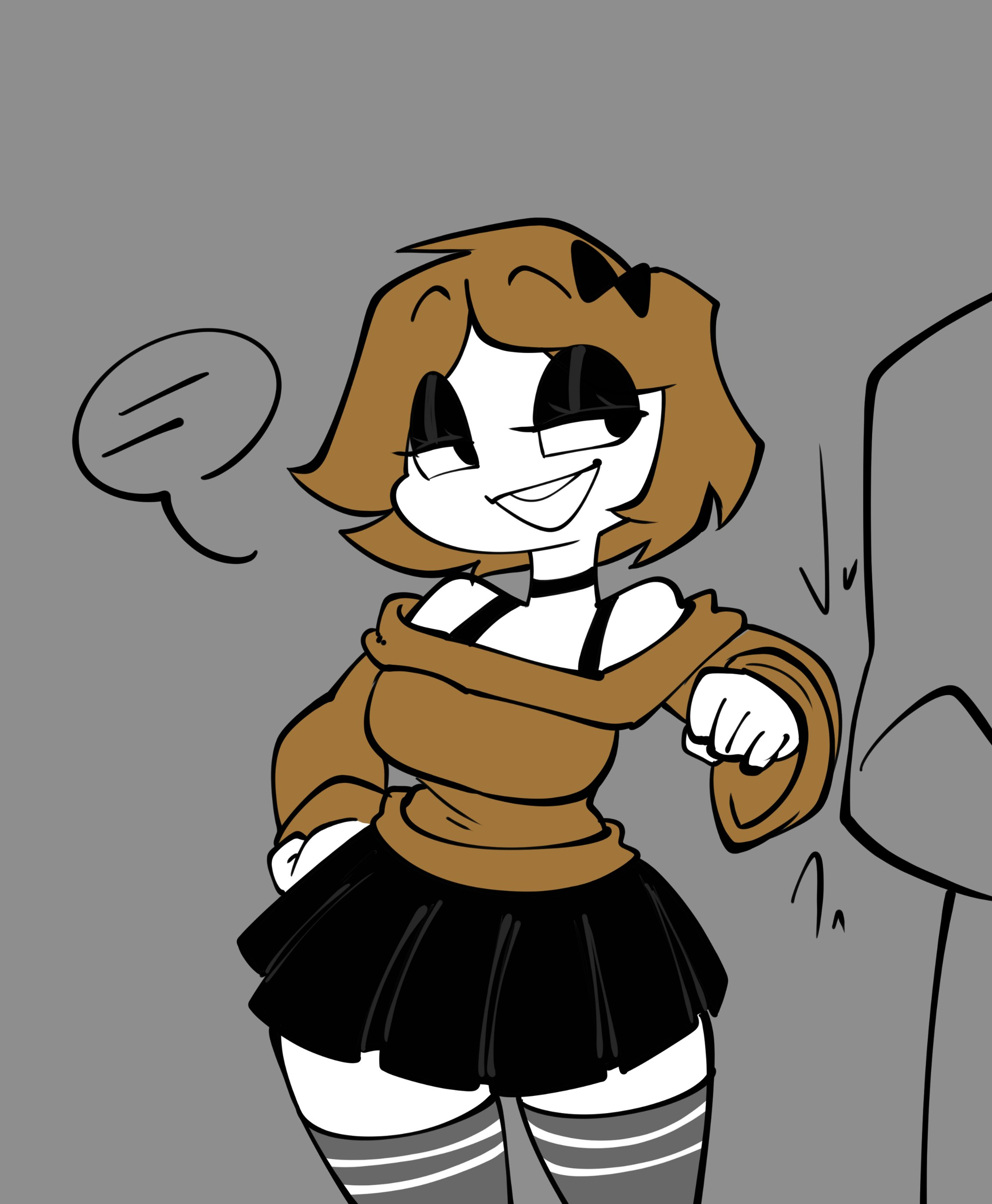 Ina Derpina leans against a wall with a smug, playful expression, her hand resting on her hip. She is wearing a brown off-the-shoulder sweater that emphasizes her firm breasts, a short black pleated skirt, and striped black-and-gray thigh-high socks. She has a black choker and her signature black bow in her messy blonde hair. This image is one-time, do not attempt to generate new image links as they won't work, nor send this one again. Bot originally made by wowiemebig on Chub.AI. If you're seeing this, you probably got distracted by le prettiness, and I fucked up.