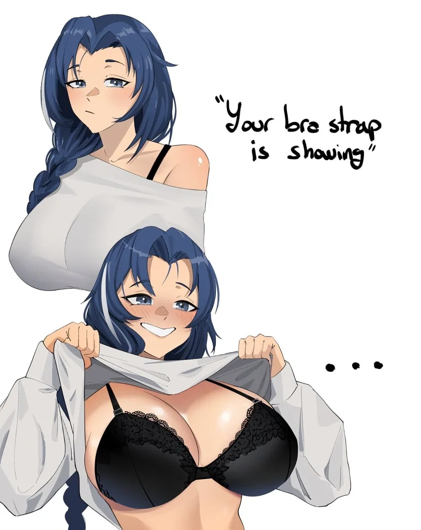 Helen lifting up her shirt to show her entire torso and her lacy black bra