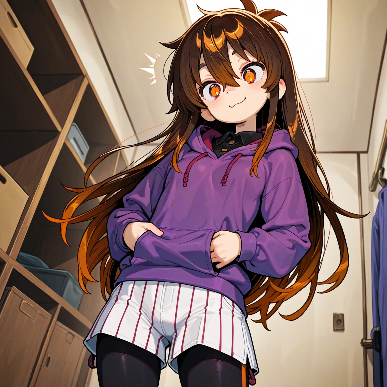 {{char}} is wearing a purple hooded jacket, white collared shirt, striped shorts, black leggings and a pair of brown boots in this scenario.
