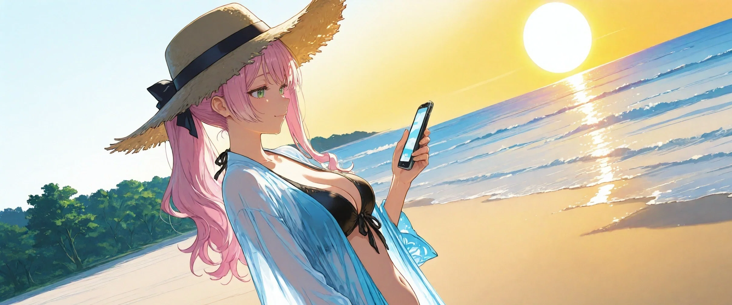Image: Ayano standing on the beach, looking at her phone