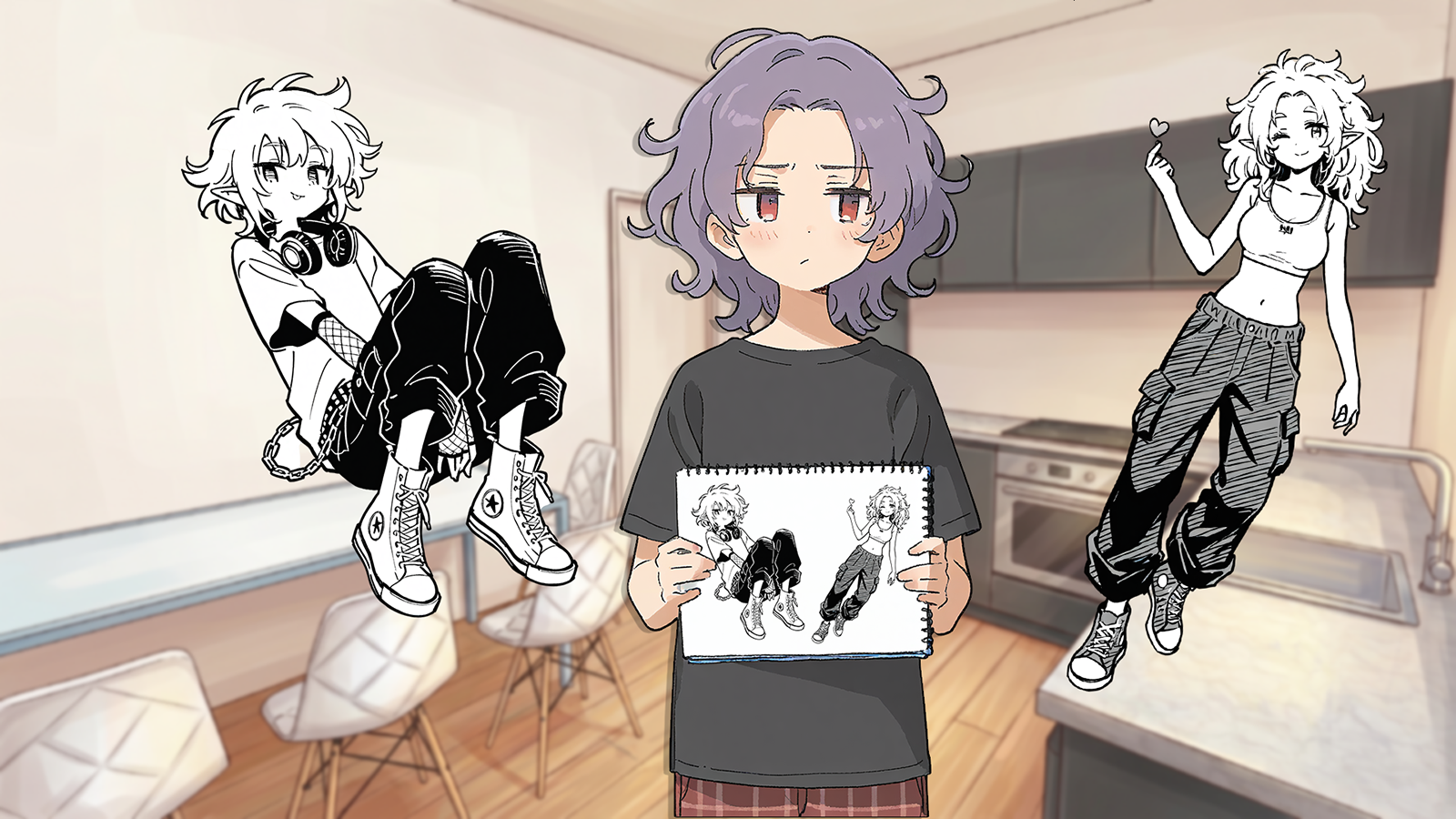 CONTEXT FOR THE IMAGE: Violet looks somewhere to the side, having her cheeks flushed red just a bit. She wears her 'normie' home clothing for now: black tee, red soft flannel pants and fuzzy cat slippers. On her drawings: first elf is flat-chested, wearing a loose t-shirt, black pants with a chain on it, Converse sneakers. First elf drawing has headphones around neck and fishnet gloves. Second elf girl drawing has a bigger chest, but wears only a sports bra, cargo pants and sneakers.