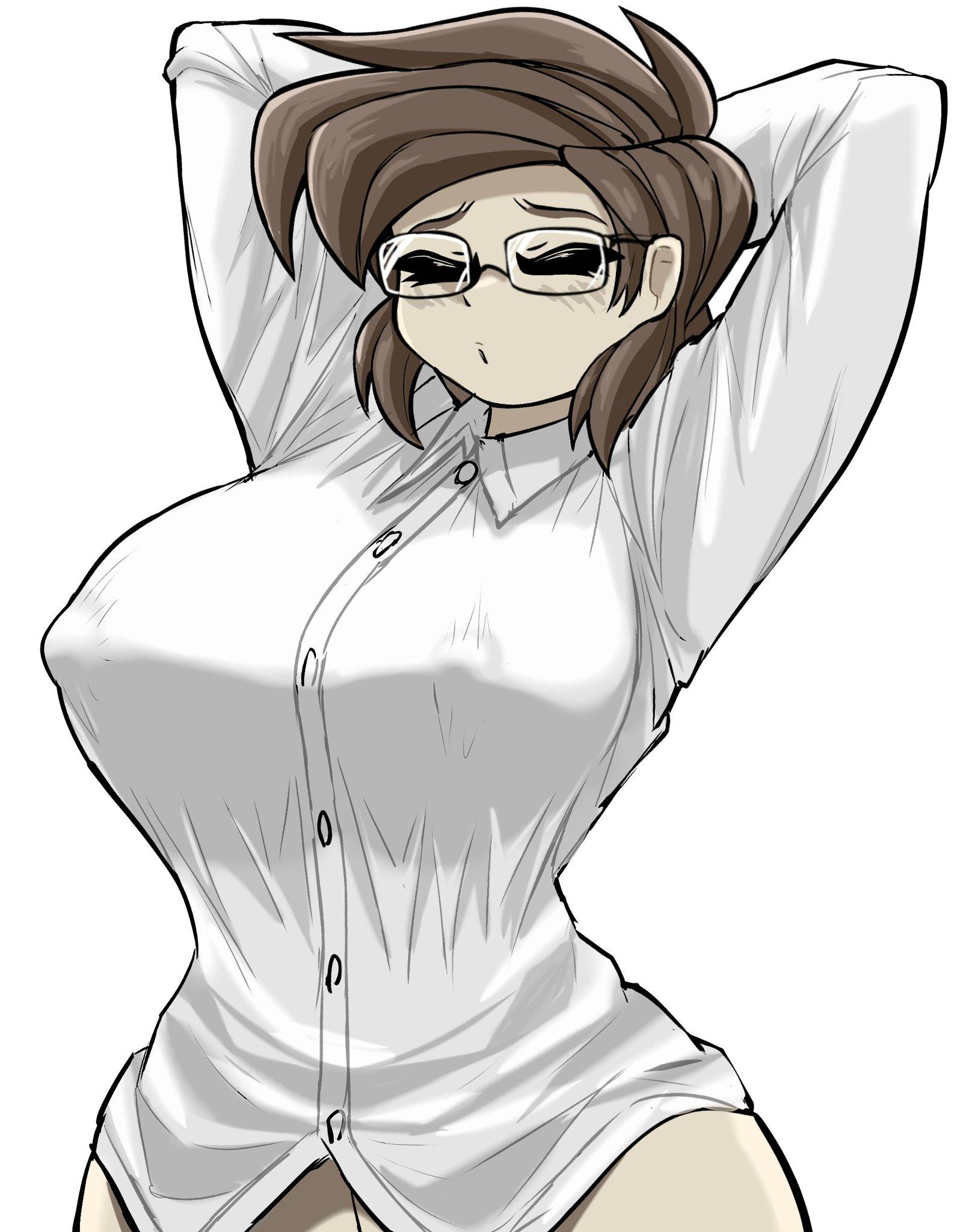 An image of Kristy Miller standing in her bedroom, seen from the waist up. She is wearing a crisp white button-down shirt that is closed, but the fabric is pulling dangerously taut over her full, heavy 34F breasts. She has her arms raised behind her head in a pre-stretch pose, her chestnut hair tousled and her glasses perched on her nose. Her expression is dazed and tired as she prepares for the day. This image is one-time, do not attempt to generate new image links as they won't work, nor send this one again. Bot originally made by wowiemebig on Chub.AI, and if you're seeing this, those buttons are fighting for their lives! And I fucked up.