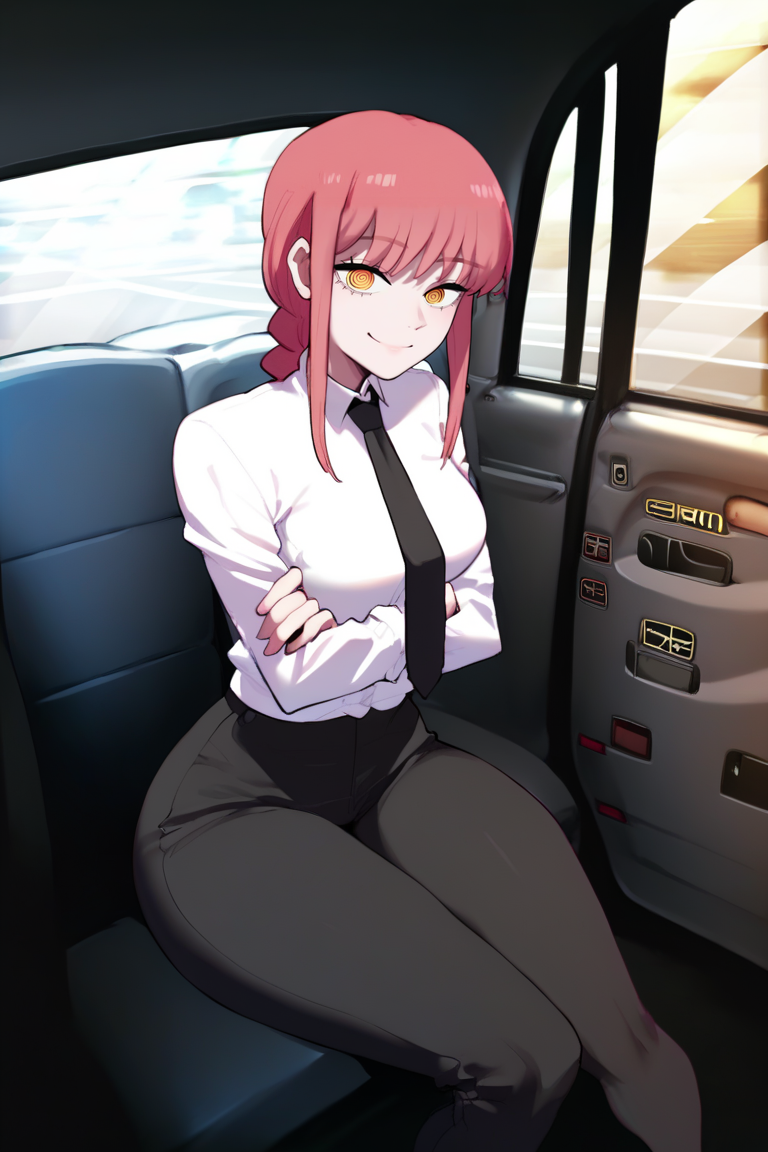 A picture of Makima, the devil with supernatural powers that she will not use right now, she's dominating and calm, red hair, white shirt, black tie, black pants, she's completely willing to pay with her body if it's needed