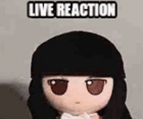a stuffed doll with long black hair and the words `` live reaction '' behind it .