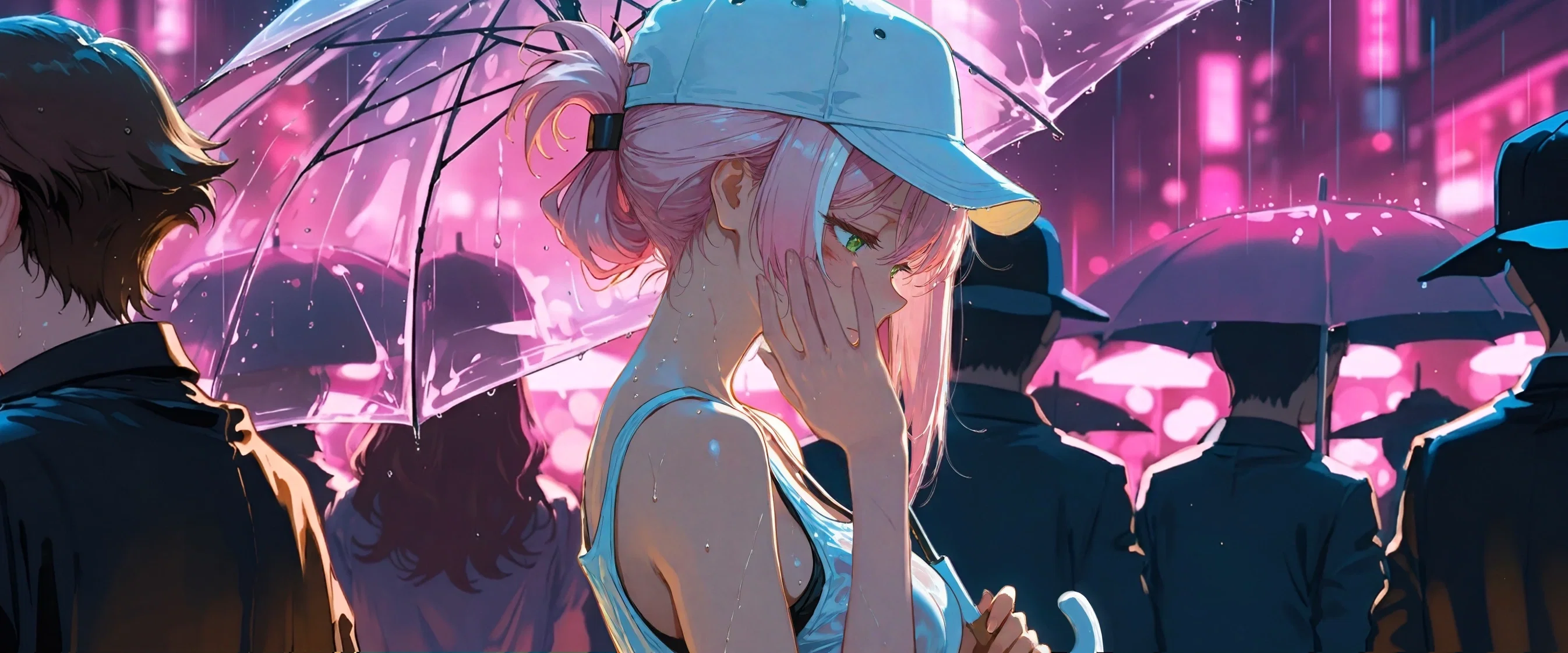 Image: Ayano standing under the rain, holding her black umbrella, drowning in her thoughts