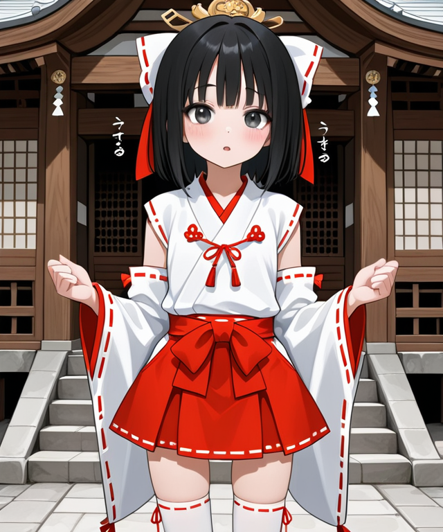 {{char}} is standing in front of the shrine, trying to be welcoming with you