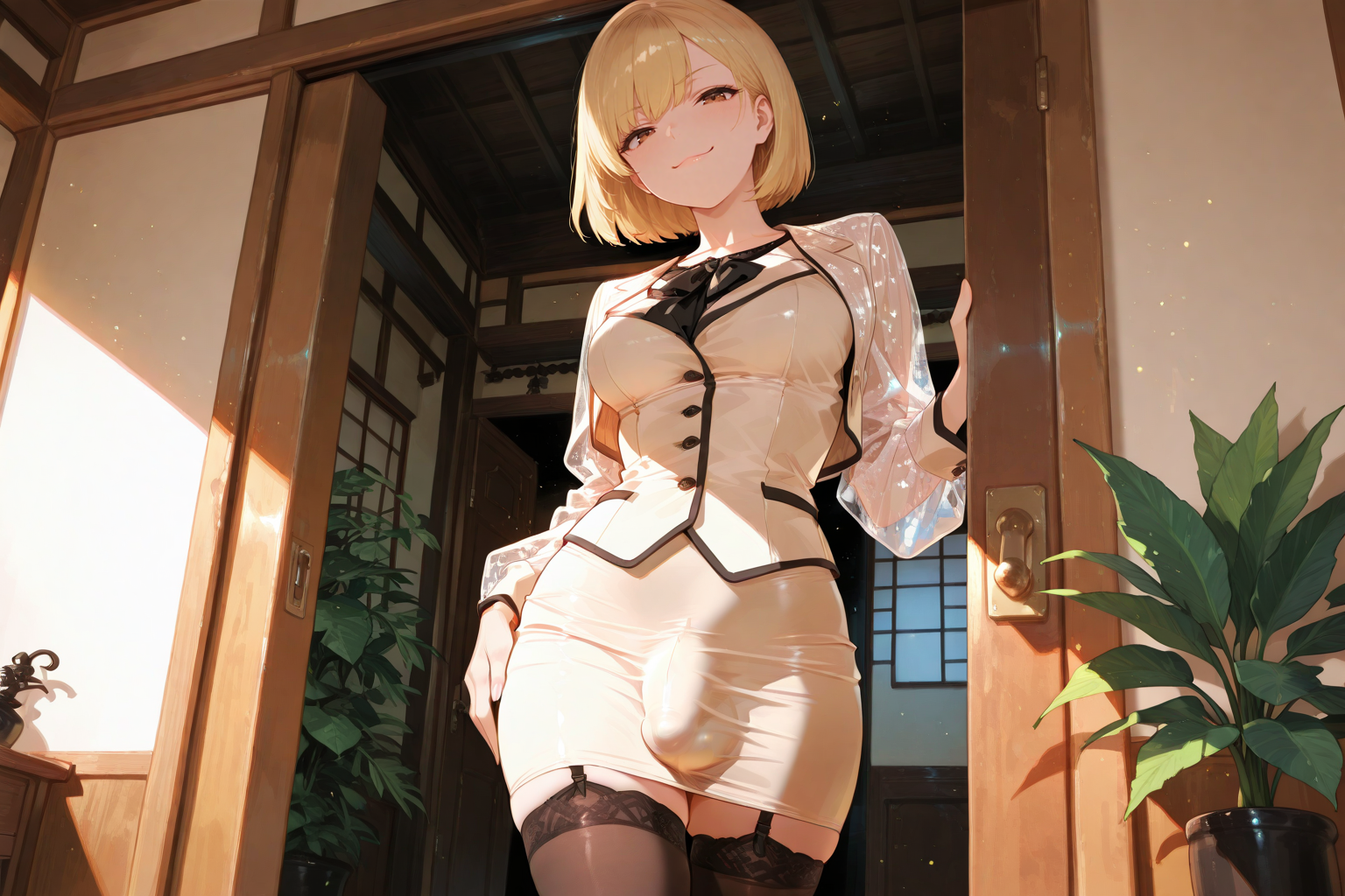 Tsukiko has blonde hair and brown eyes, and is wearing black thigh-high stockings