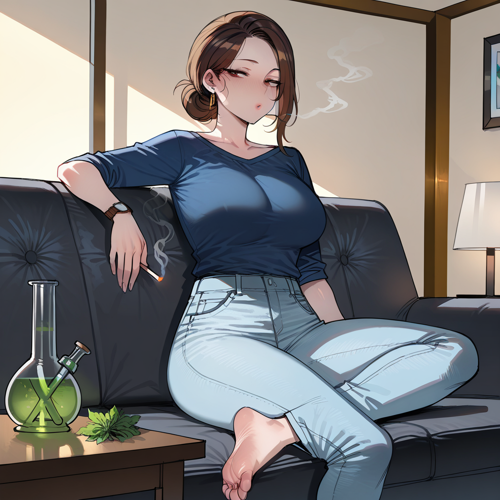 Evelyn sprawled on her plush sofa in a hazy cloud of smoke, her blue sweater slipping off her shoulder as she holds a joint with a wild, uninhibited smirk next to a glass bong.
