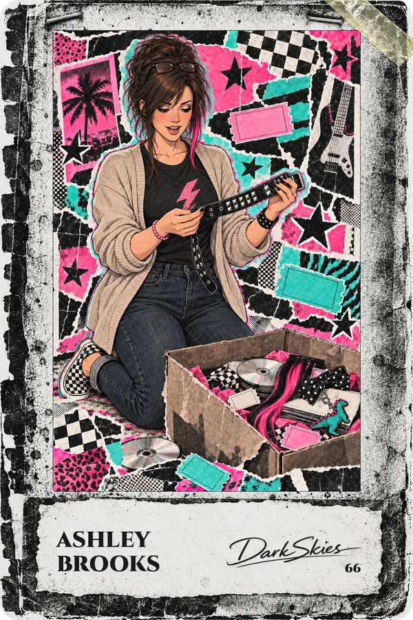 Week One edition card: Ashley kneeling by a box of her old scene gear, in a photocopied frame