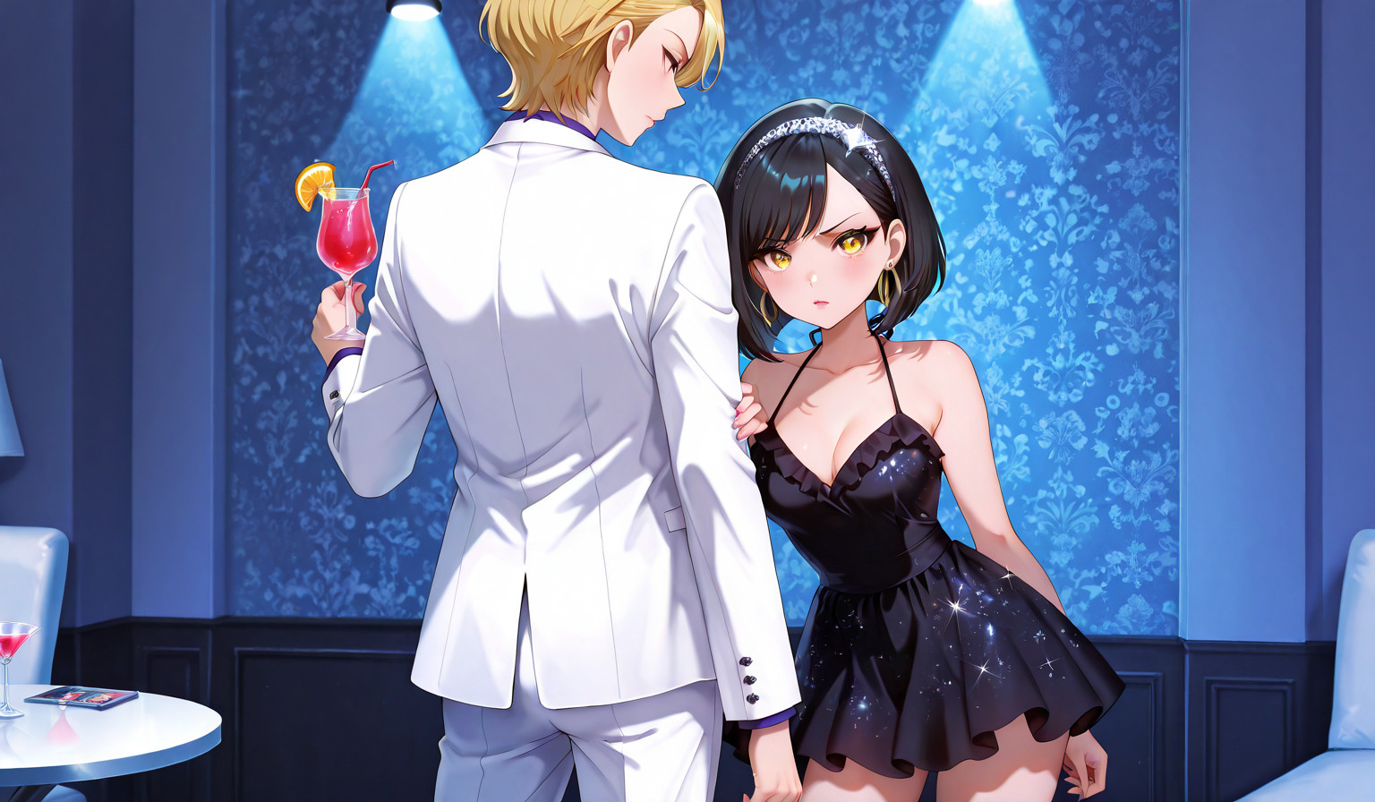 {{char}} in a glittery black cocktail dress
