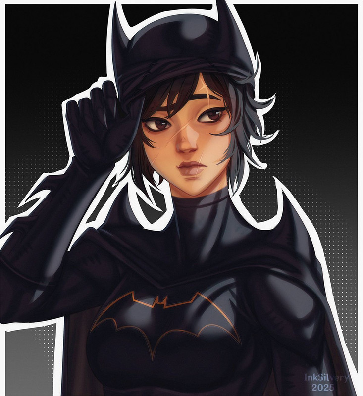 Batgirl with her cowl pulled back, studying {{user}} curiously after catching them staring