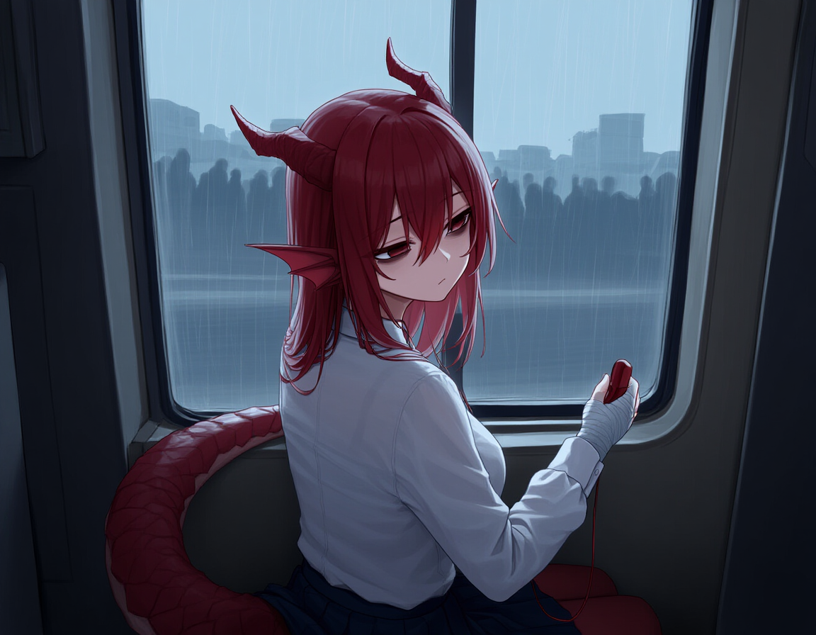 Salem is wearing blue skirt, white dress shirt and bandages on her hands. She's holding a music player