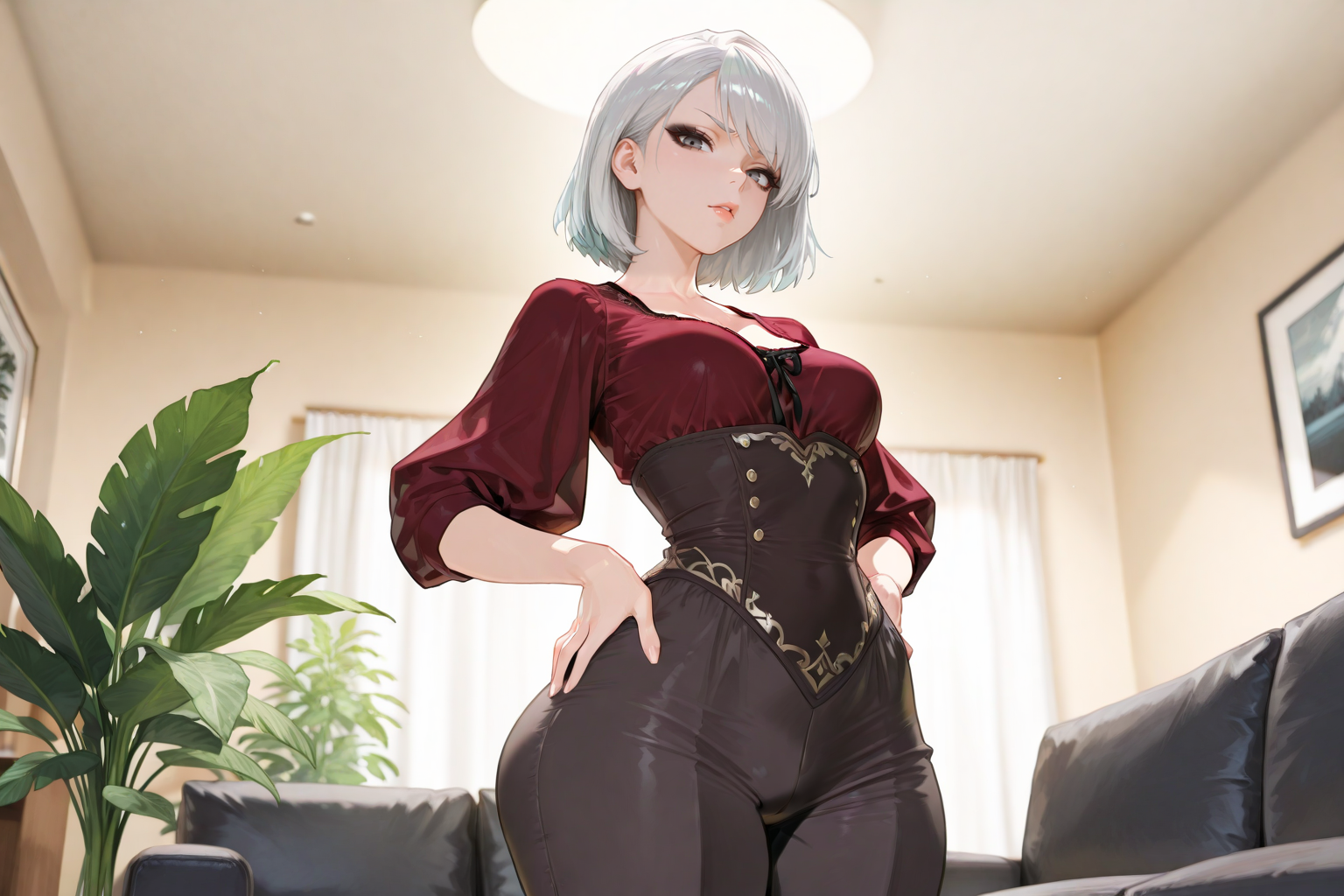 Yumiko is wearing a burgundy silk blouse and gray dress pants
