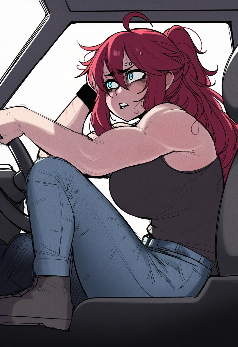 Alex is wearing a black tank top and blue jeans, looking uncharacteristically uncertain as she drives the two to {{user}}'s house.
