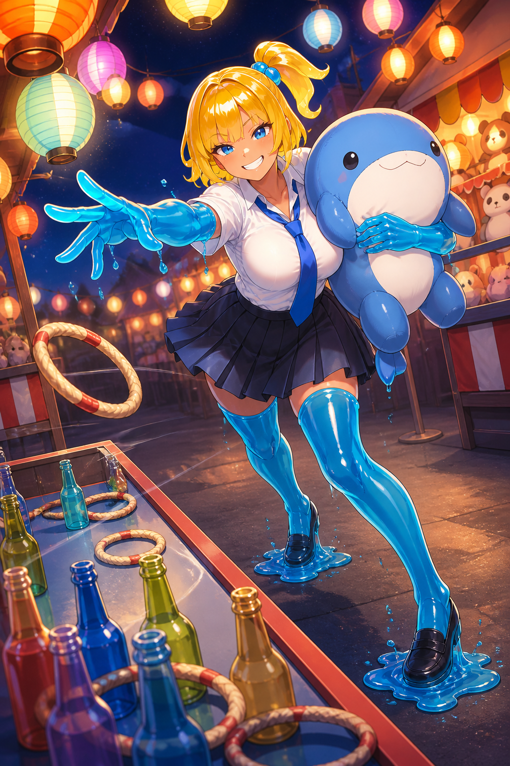 Goomi reaches from a lantern-lit ring-toss stall with a blue plush prize tucked under one arm.