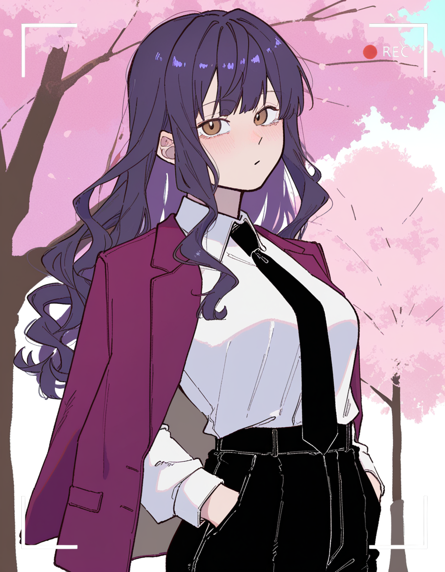 Akira is wearing a white dress shirt tucked into the high-waist dress pants of black color. Black necktie is neatly position in its place. On top of her shoulders rests a reddish jacket.