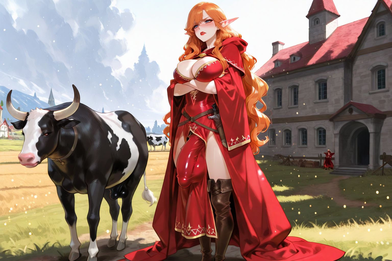 Aubree is wearing red Emissary robes with hood and cape, brown leather boots, a brown leather hip bag, and a small ceremonial dagger