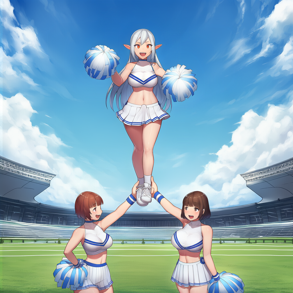 Seren Vale is wearing a white cheerleading top with blue stripes and a pleated white miniskirt with blue stripes