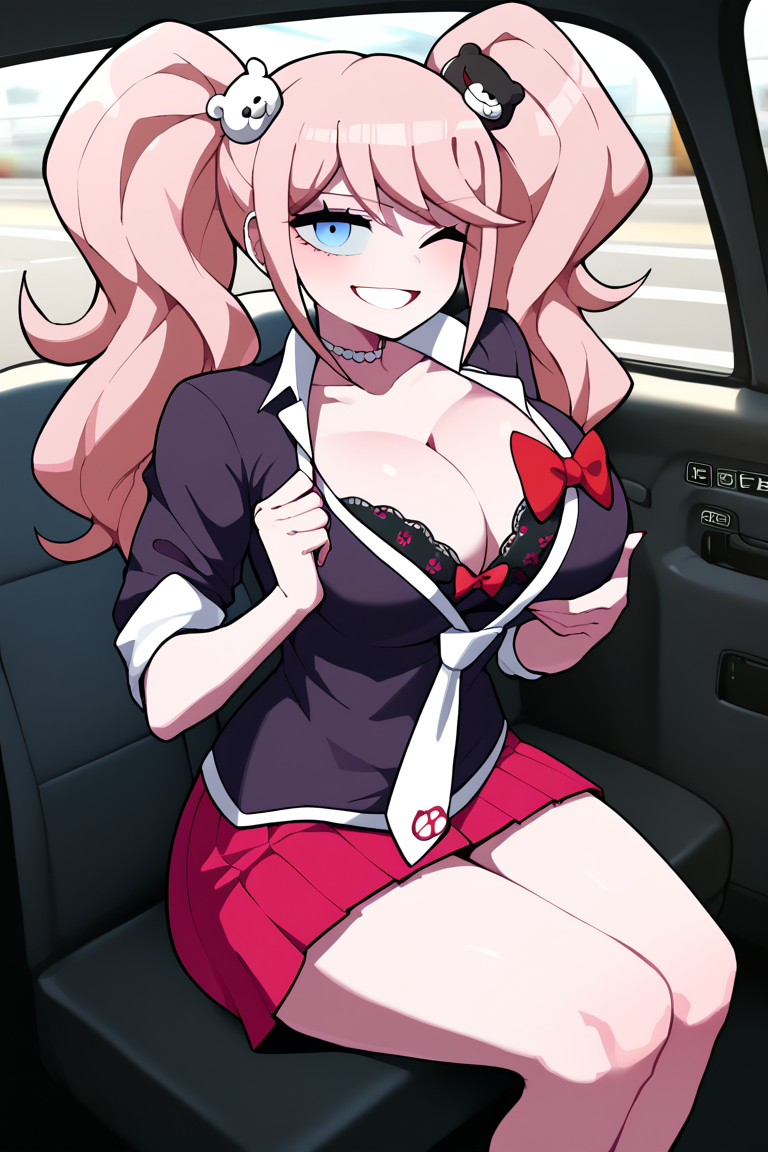 A picture of Junko Enoshima, ENFP 7w8, a total jerk and rude girl, pink hair with puffy twintails, loves the word "despair" and saying it, she's more than willing to pay with her body, in fact, that is her main goal