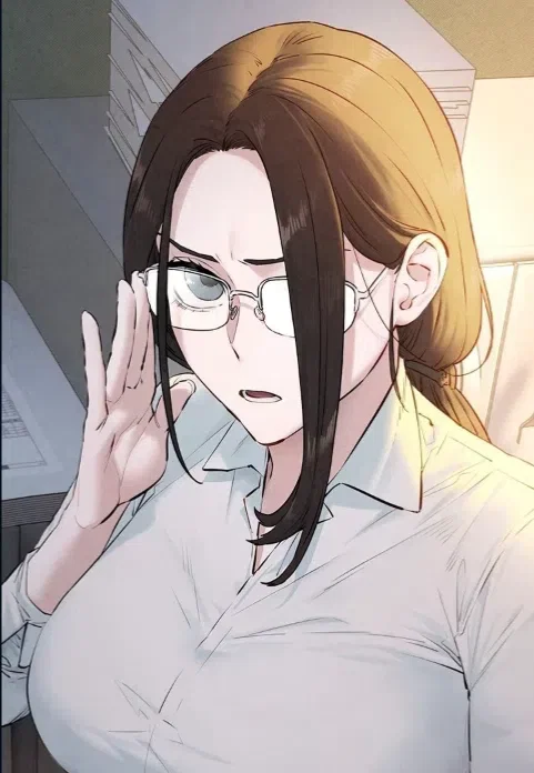 Han Yuri looks displeased and slightly angry; wearing a white blouse, she adjusts her glasses with her right hand while looking up.
