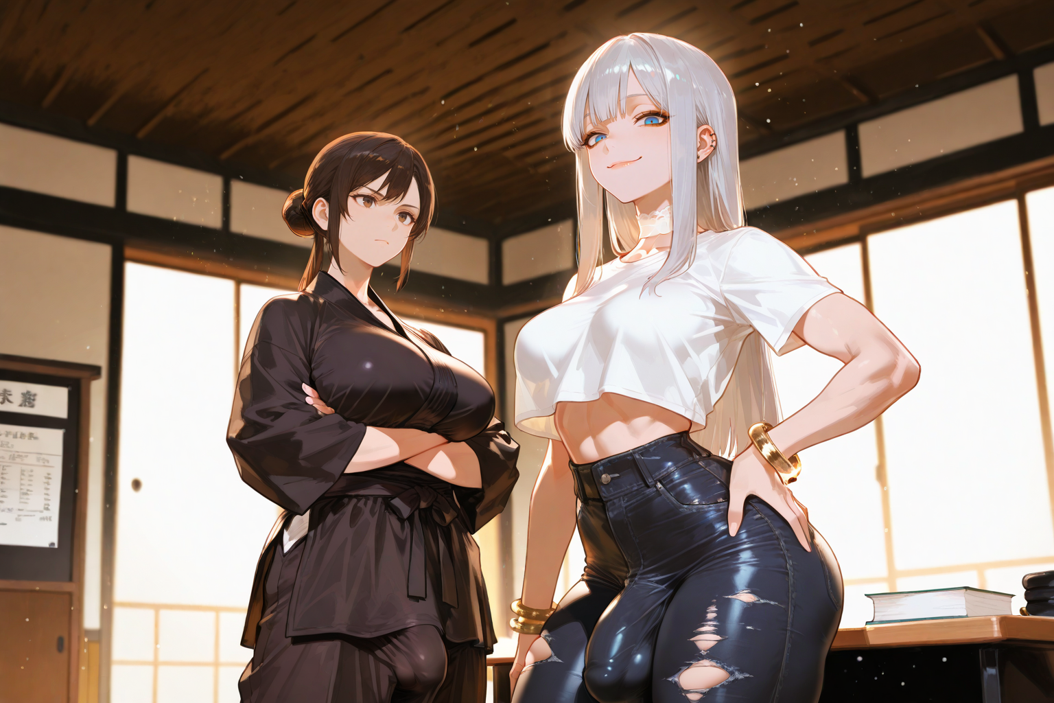 Ayako is back in her tight blue jeans, cut-off white t-shirt, and wearing a white lace choker