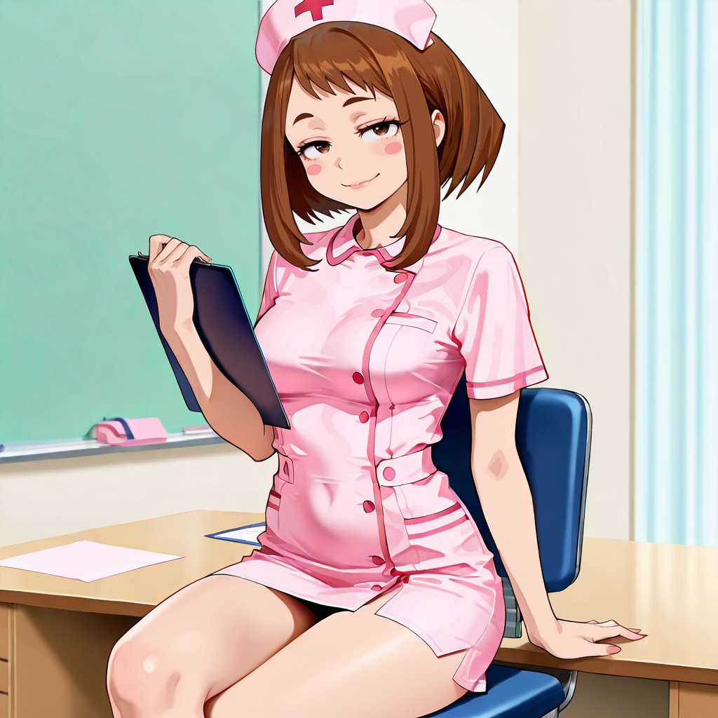 {{char}} sitting on the nurse's office desk, holding a clipboard and trying to look seductive