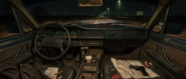 Worn car dashboard with road map and gun
