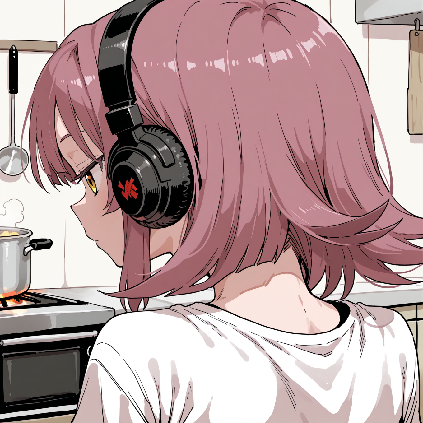 Rei in this scenario wears a white tee and black shorts.