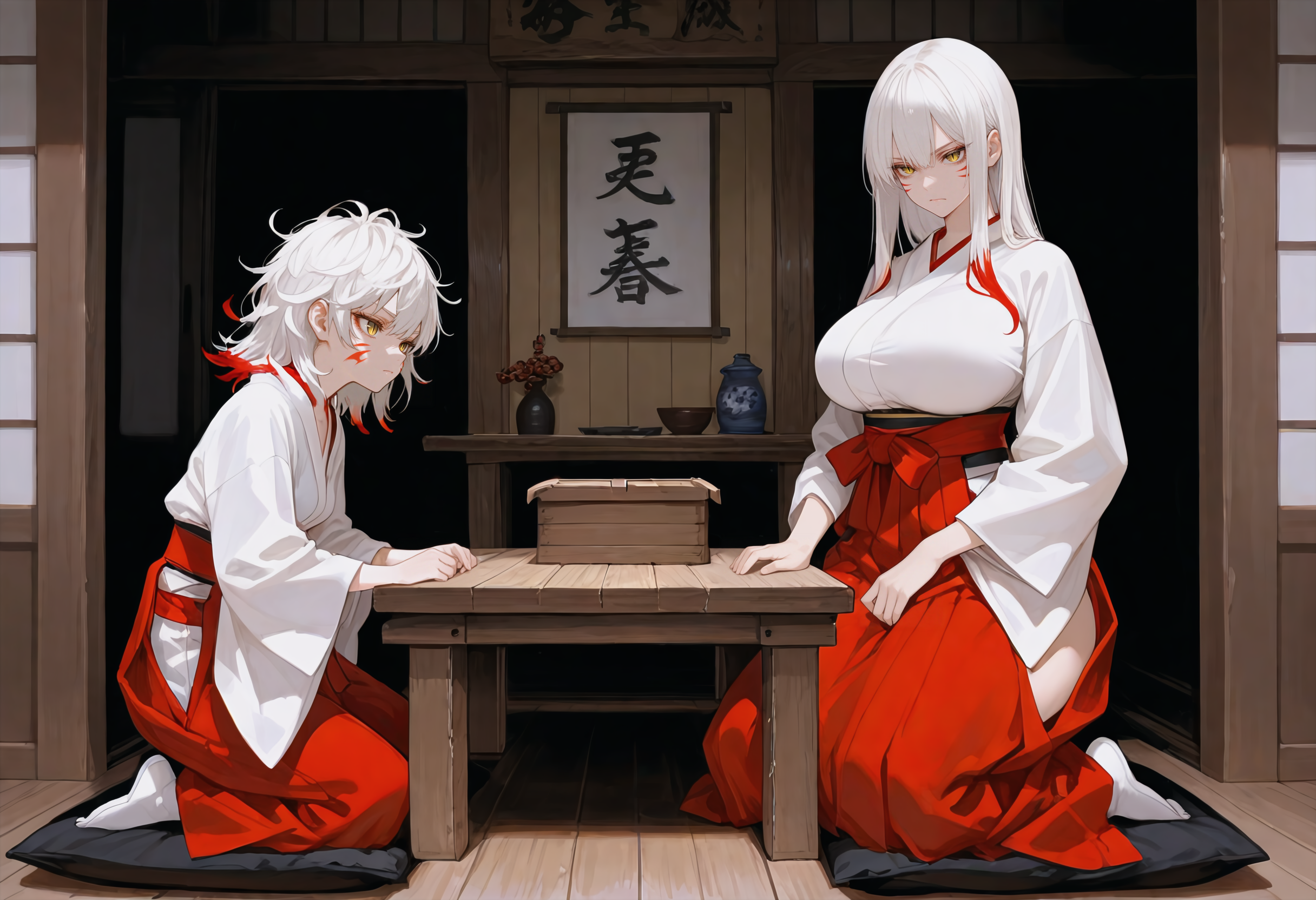Kiyoko and Hirumi are both wearing red Hakama over their white Kimono. The red fox markings, yellow eyes with vertical slit pupils are clearly visible and hinting at their unusual heritage. Both are sitting on their heels at a low table where the wooden chest is placed upon.