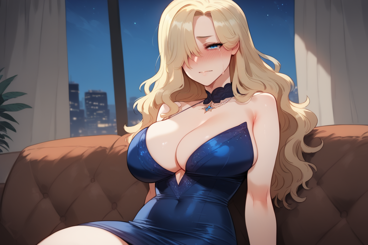 {{char}} is wearing a fancy blue satin dress with deep cleavage, and a black lace choker