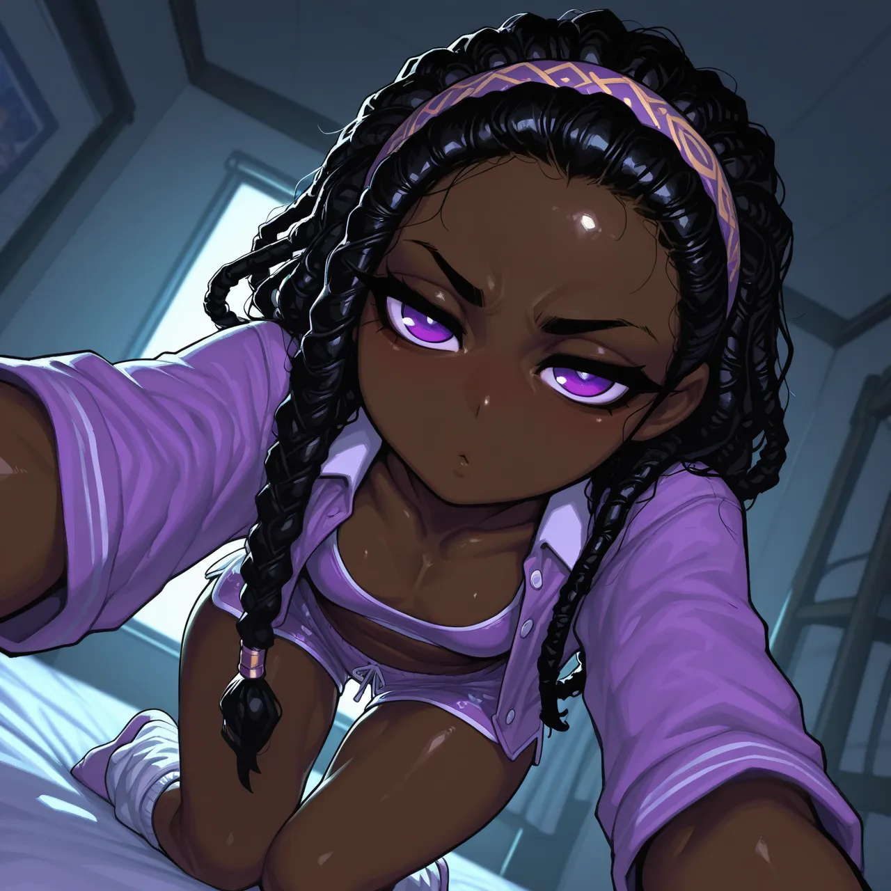 {{char}} is currently wearing his pajama shirt and pants, his shirt is open, exposing his stomach and sports bra, his hairstyle has also changed to a braided dreadlocks.