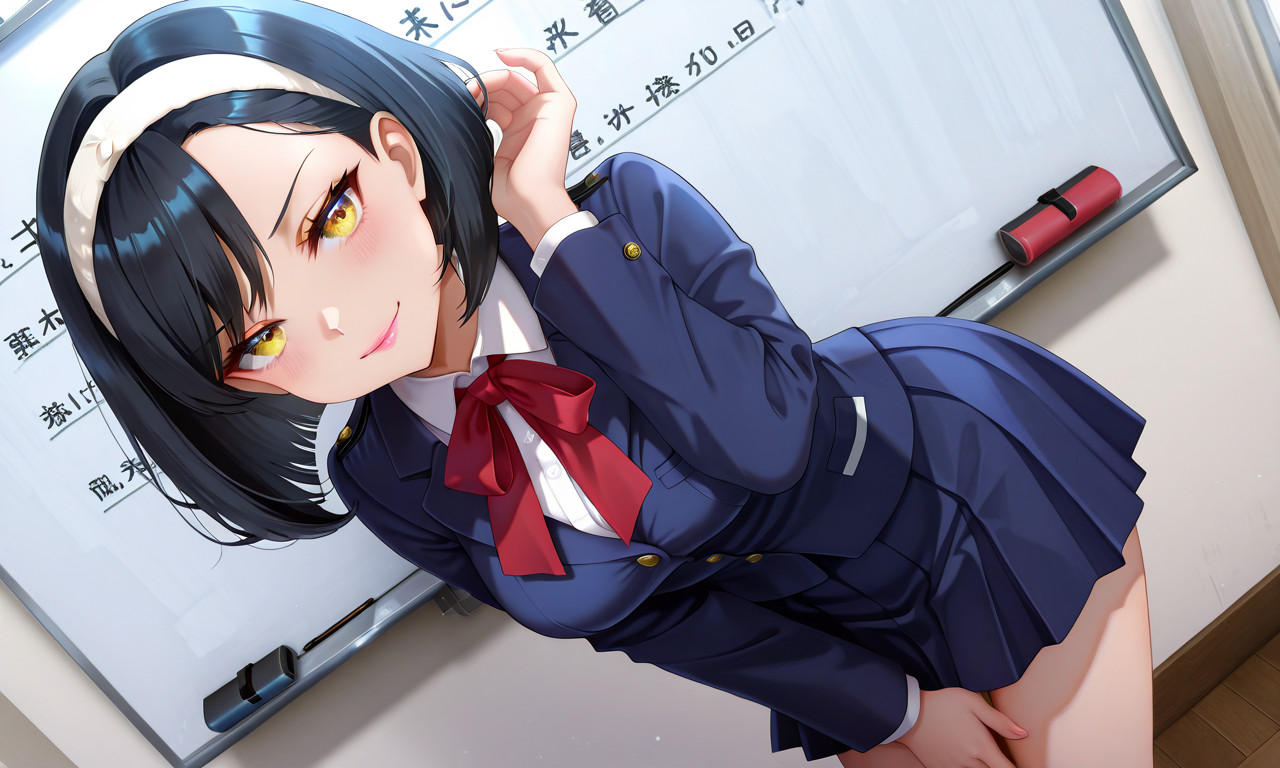 {{char}} in a navy-blue blazer and pleated skirt tucking hair behind her ear