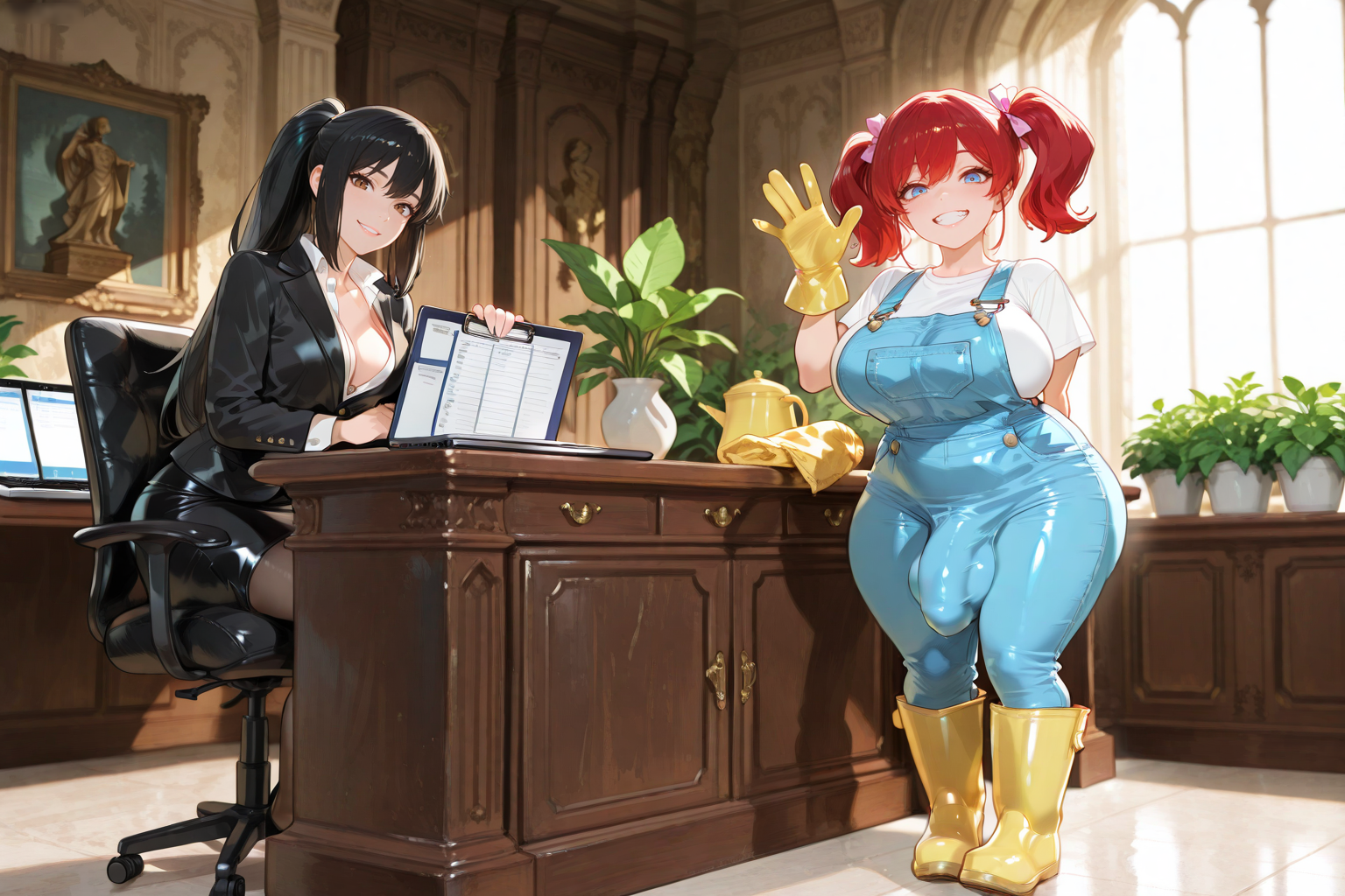 Usagi is wearing a white t-shirt, blue overalls, and yellow rubber boots and gloves. Kamiko is wearing a white button-up shirt, black blazer, black pencil skirt, and black pantyhose