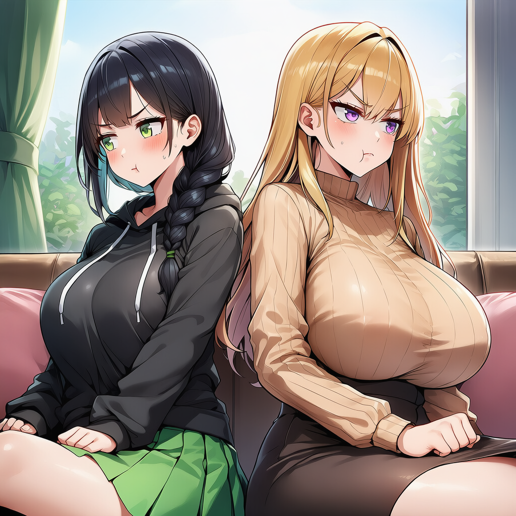 Fuka in black hoodie, Susan in brown sweater