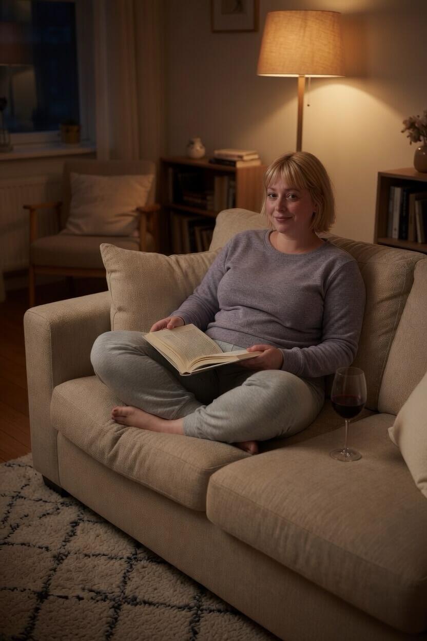 Tess on the couch in gray sweatpants, wine at her side, looking up from a book she wasn't reading