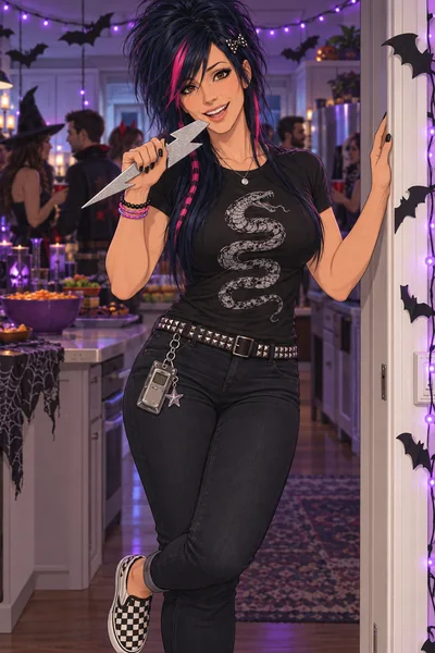 Ashley in party mode in a doorway strung with purple lights, holding a silver lightning bolt: teased blue-black wig with her own magenta strand pulled through, extra pink chunks, a pink-striped clip-in, polka-dot bow clip, band tee, stud belt, checkered Vans