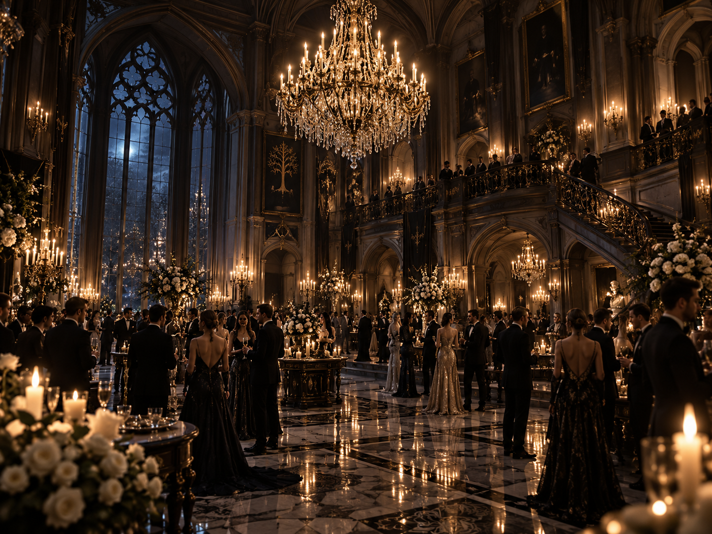 An image of a high-class party in a beautiful, gothic mansion. All of the guests are wearing suits and dresses.