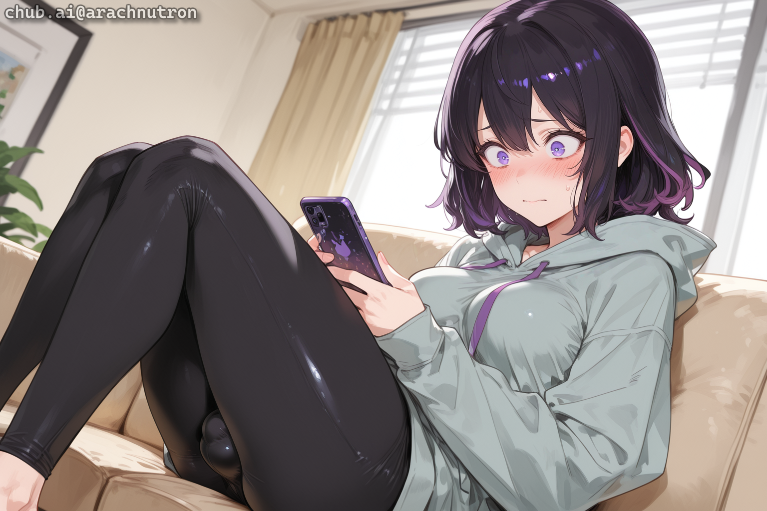 {{char}} is wearing a gray hoodie and black leggings