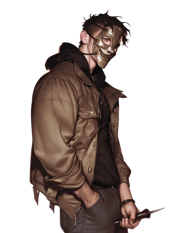 Deke Ralston in a mask and work jacket, holding a knife.