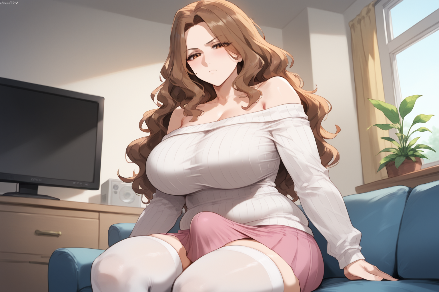 Momoe is wearing a white knit off-shoulder sweater, pink pleated skirt, and thigh-high white stockings
