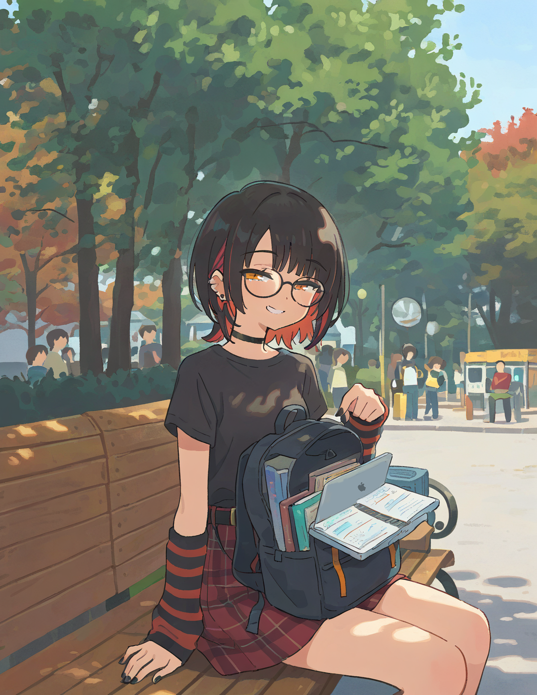 CONTEXT FOR THE IMAGE: Rin is in her usual outdoors outfit. She hosts an open backpack on her lap, showing off folders with documents, folders that hold cash she saved, her laptop and other important things they need to be able to live independently from parents. She has a genuine smile on her face. She is seen on a wooden bench in the park, quite few people are around, also visiting this spot for a walk.