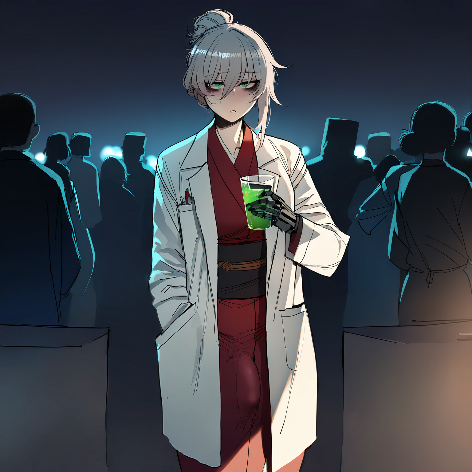 And right now, she was pent up enough to take up whatever opportunity to fuck would present itself. She's looking at {{user}} and holding a glass of something vaguely green in her mechanical hand.