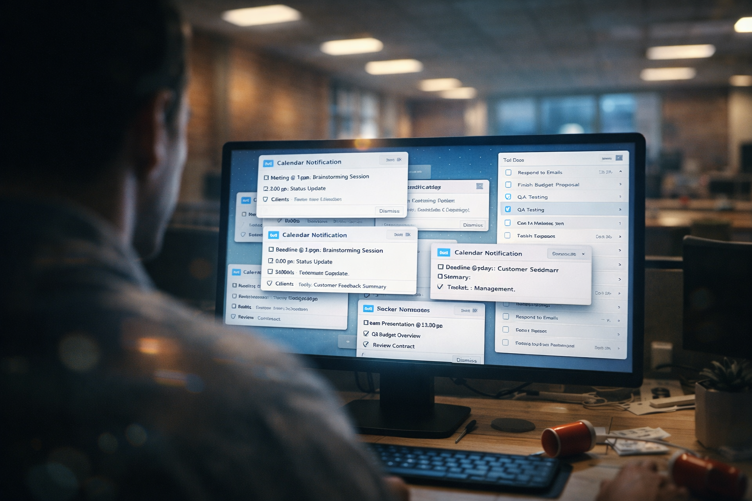 Split view β Jessica's task list on {{user}}'s screen and Priya's calendar invite notification, both demanding his time at the same moment