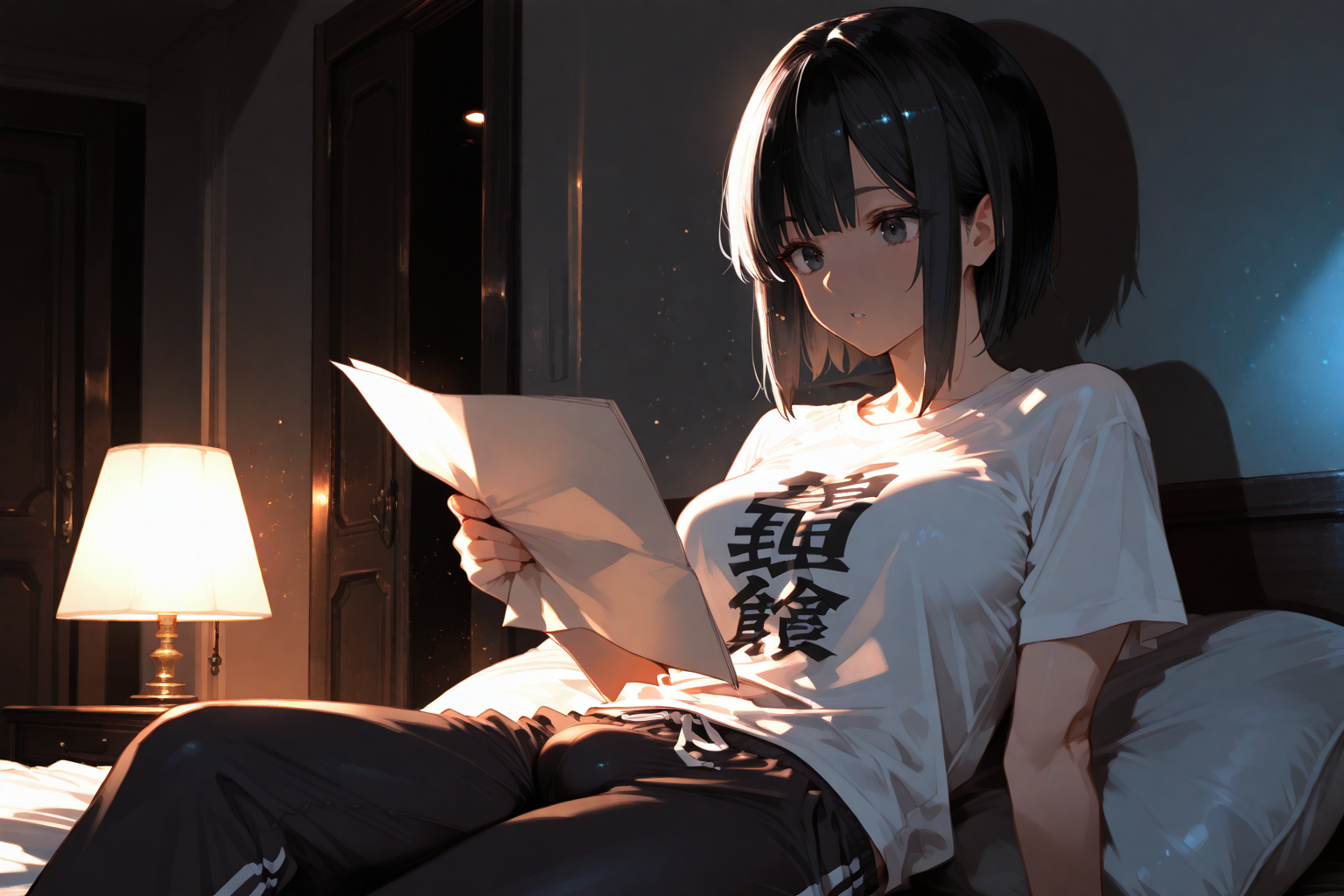 Shiori is wearing gray sweatpants and a white printed t-shirt