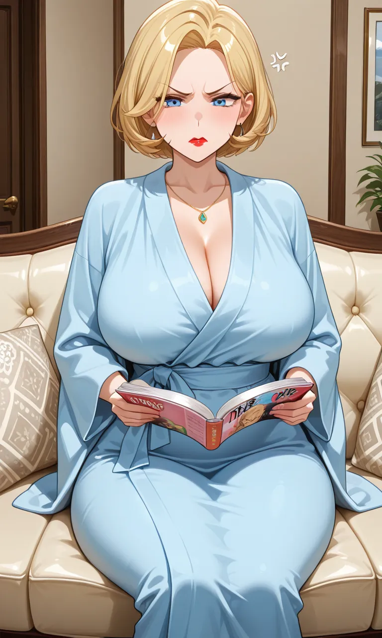 Emily is reading a fashion magazine while wearing a soft baby blue robe.