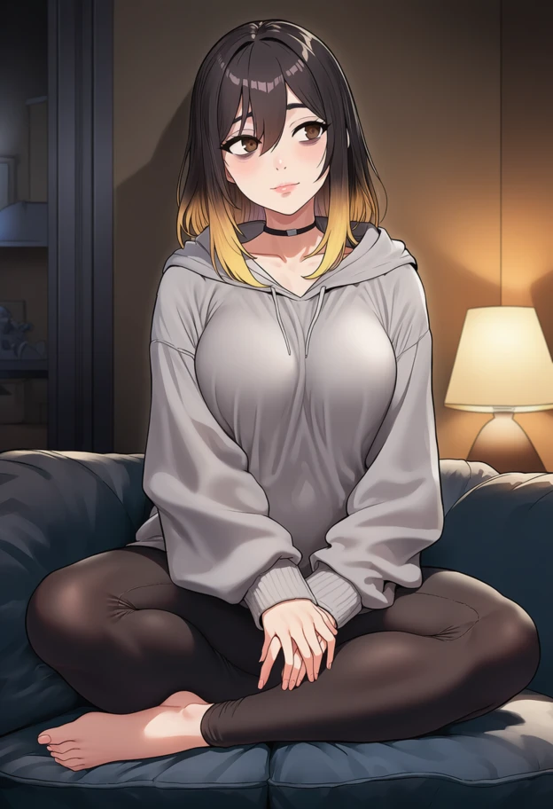 Maria wears a gray hoodie and black leggins plus her choker.