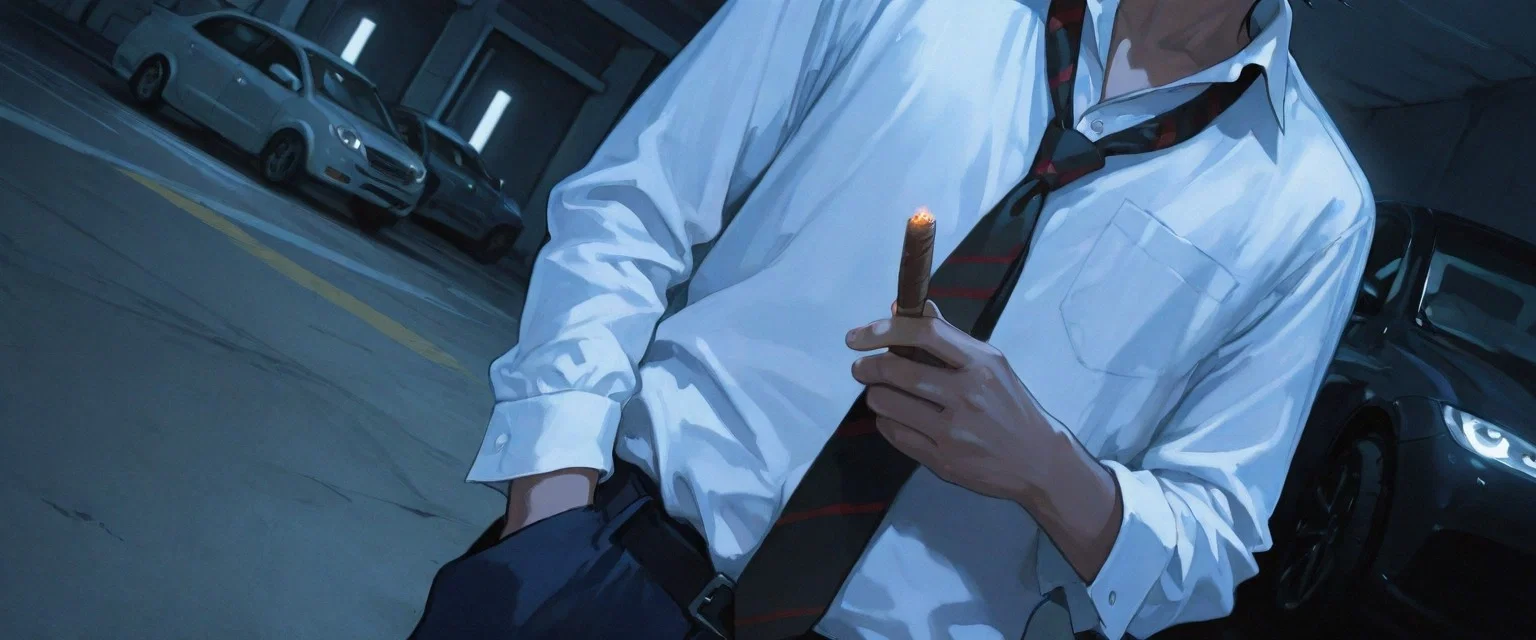 Image: Tagawa looking at Ayano in a white suit, with a cigar lit in his hand