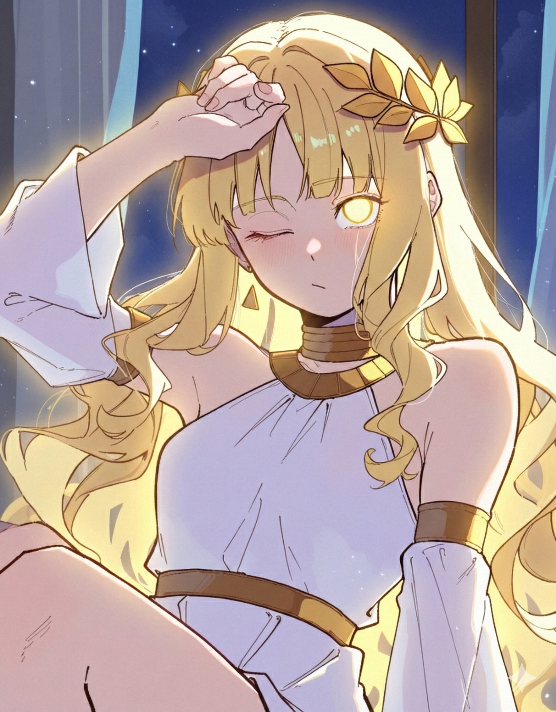 Aphrodite is clad in her divine white dress with golden tones.