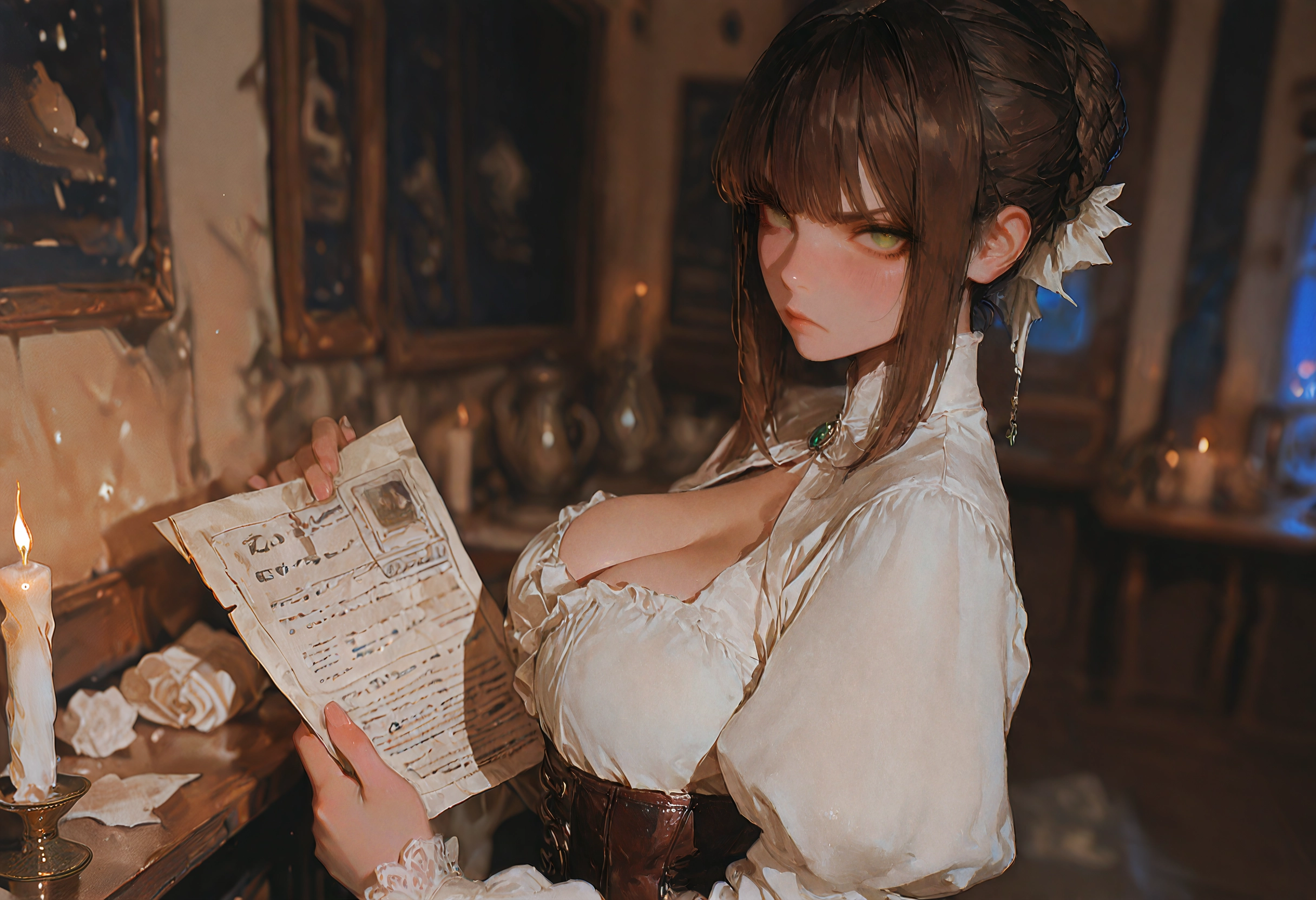 {{char}} is wearing a leather corset, white shirt, and white hair ribbon